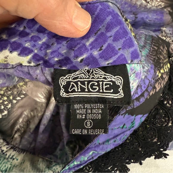 Angie One Shoulder Top Purple Abstract Print Black Fringe Women’s Size Small - Picture 10 of 11